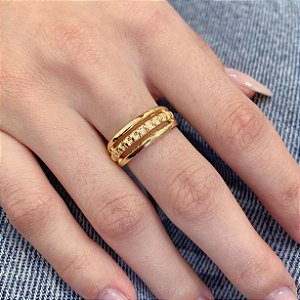 Anel 3 Linhas c/ Meio Trabalhado - Banho a Ouro 18k