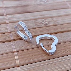 Brinco Argolinha Coração Click Cravejada 1,2cm - Prata 925