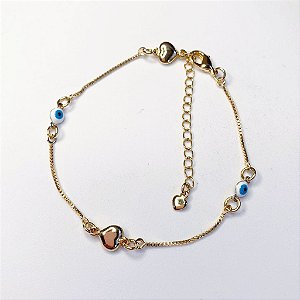 Pulseira Olho Grego + Coração 22cm - Banho de Ouro 18k
