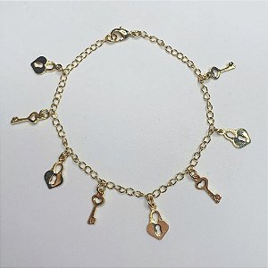 Pulseira Cadeado Coração + Chave 19cm - Banho de Ouro 18k
