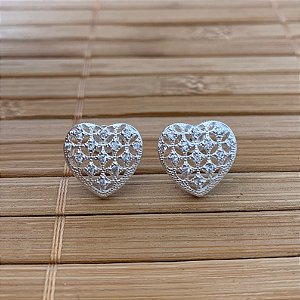 Brinco Coração Xadrez Cravejado - Prata 925