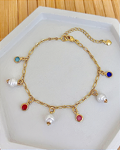 Pulseira Pingente Colmeia Perolado e Zircônias Colors 21,5cm - Banho de Ouro 18k