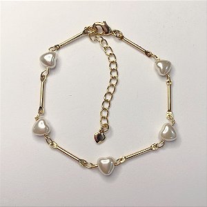 Pulseira Coração Perolado c/ Entremeio 21,5cm - Banho de Ouro 18k