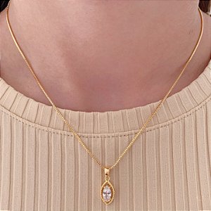 Colar Navete c/ Zirconia Incolor - Banho de Ouro 18k