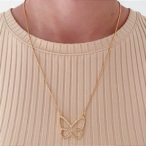 Colar Borboleta Vazada Cravejada 45cm - Banho de Ouro 18k