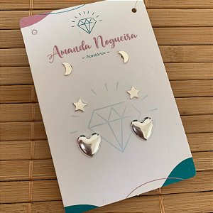 Brinco Trio Lua, Estrela e Coração Medio - Prata 925