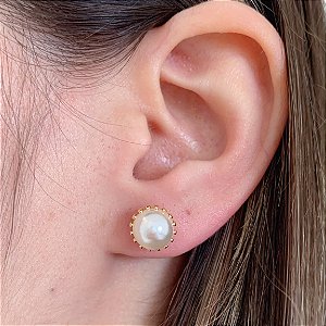 Brinco Perola Media c/ Chatão - Banho de Ouro 18k