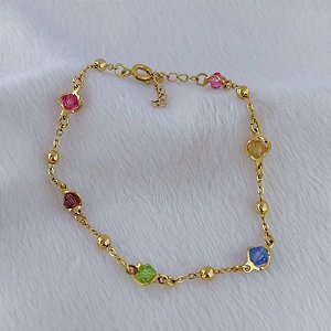Pulseira Cristais Colors c/ bolinhas - Banho de Ouro 18k