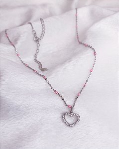 Colar Coração Cravejado + Resina Rosa - Prata 925