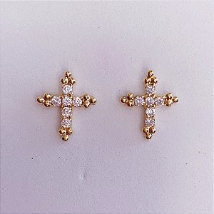 Brinco Cruz Cravejada c/ Bolinha 1,4cm x 1,2cm - Banho de Ouro 18k