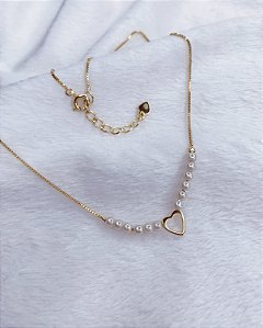 Colar Infantil Perolas e Coração Vazado 36cm - Banho de Ouro 18k