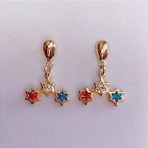 Brinco 3 Estrelas Colors - Banho de Ouro 18k