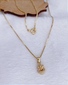 Colar Coração/Coroa Cravejado 45cm - Banho de Ouro 18k