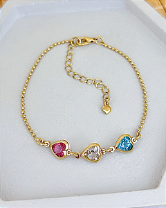 Pulseira Bolinha 3 Corações Zirconia Colorida 22,5cm - Banho de Ouro 18k