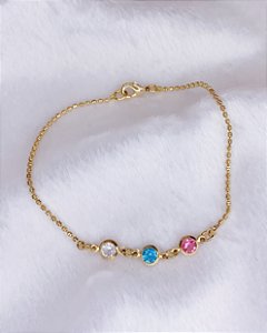 Pulseira 3 Zirconias Coloridas 18cm - Banho de Ouro 18k