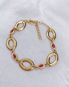 Pulseira Circulos Ovais Vazados + Zirconias Pink 19cm - Banho de Ouro 18k