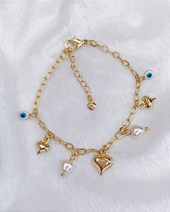 Pulseira Corações, Perolas e Olho Grego 20cm - Banho de Ouro 18k