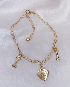 Pulseira Elo Grumet c/ Coração + Ossinho 21cm - Banho de Ouro 18k