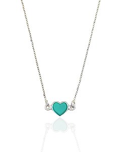 Colar Chocker Coração Resina Verde Agua 40cm - Prata 925