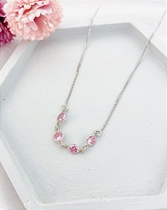Colar 4 Zirconias Rosa 45cm - Prata 925