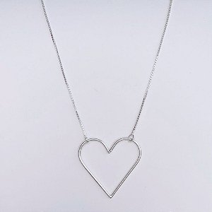 Colar Coração Grande Vazado Fino 45cm - Prata 925