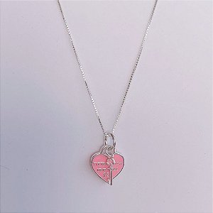 Colar Replica Coração Rosa com chave - Prata 925