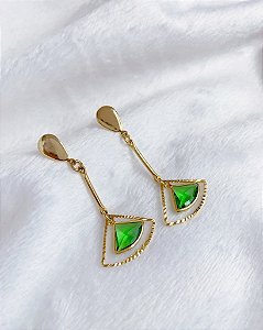 Brinco Entremeio c/ Triangulo Verde 4,7cm - Banho de Ouro 18k