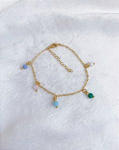 Pulseira Elo Portugues c/ 5 Cristais Pendurados 20cm - Banho de Ouro 18k