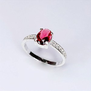 Anel Solitário Rosa Zirconia Oval + cravejado - Prata 925