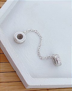 Berloque Corrente de Segurança Cravejado c/ Silicone - Prata 925