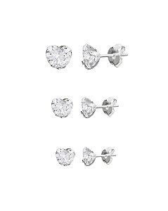 Brinco Trio Zircônia Coração Cristal - Prata 925