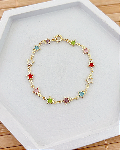 Pulseira Infantil Estrela Coloridas 15cm - Banho de Ouro 18k
