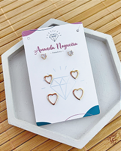 Brinco Trio Zircônia e 2 Corações Vazados - Banho de Ouro 18k