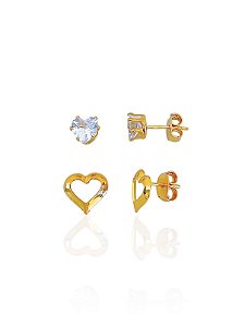 Brinco Duo Zircônia Coração e Coração Vazado - Banho de Ouro 18k