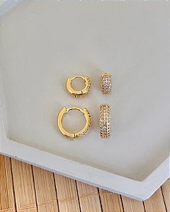 Brinco Duo Argolinha Cravejada - Banho de Ouro 18k