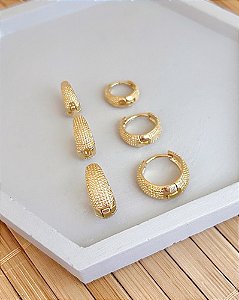 Brinco Trio de Argolinha Trabalhada - Banho de Ouro 18k