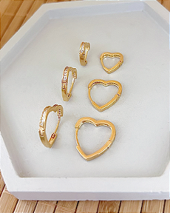 Brinco Trio de Argolinha Coração Cravejada - Banho de Ouro 18k