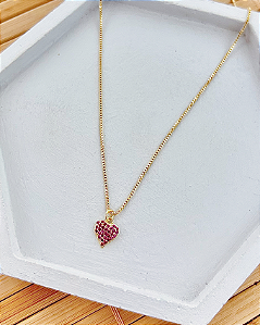 Colar Infantil Coração Cravejado Pink 37cm - Banho de Ouro 18k