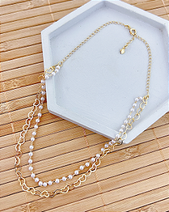 Colar Chocker Dupla Elo Corações e Perolas 37cm - Banho de Ouro 18k