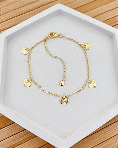 Pulseira Plaquinhas de Coração Penduradas 16cm - Banho de Ouro 18k