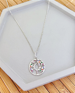 Colar Árvore da Vida Cravejada Colorida Veneziana 60cm - Prata 925