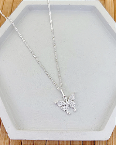 Colar Borboleta Cravejada Corrente Singapura 45cm - Prata 925