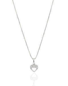 Colar Coração Vazado com Borda Superior Cravejada Veneziana 45cm - Prata 925