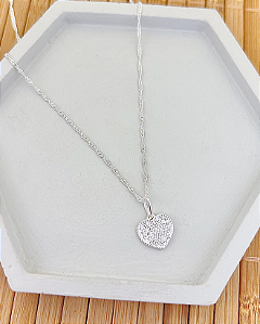 Colar Plaquinha Coração Cravejado Singapura 45cm - Prata 925