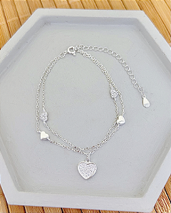 Pulseira Dupla Com Corações Cravejados 15,5cm + 5cm de Extensor - Prata 925