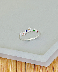Anel Corações Intercalados Cravejado Colorido - Prata 925