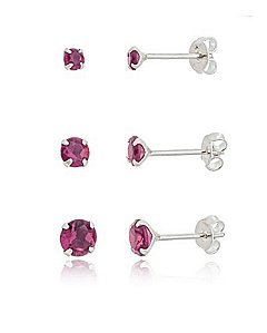 Brinco Trio Zircônia Redonda Pink - Prata 925