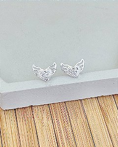 Brinco Coração Alado Cravejado 1,1cm - Prata 925