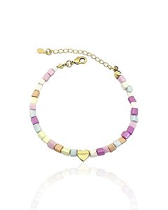 Pulseira Infantil Miçangas Coloridas Quadradas com Coração 15cm + 4cm de Extensor- Banho de Ouro 18k