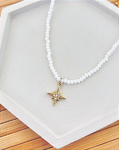 Colar Cristal Branco com Estrela Cadente 40cm + extensor de 7cm - Banho de Ouro 18k